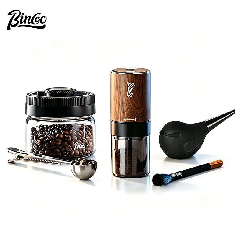 BINCOO Titanium‑Plated Electric Coffee Grinder, Stainless Steel Burr Portable Automatic Small Coffee Bean Grinder Set for Home O