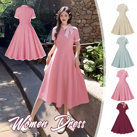 Vintage 50 60s Women Summer Big Swing Dress With Bow Collar Lady Elegant Cocktail Party Evening Dress Casual Office Lady Robe