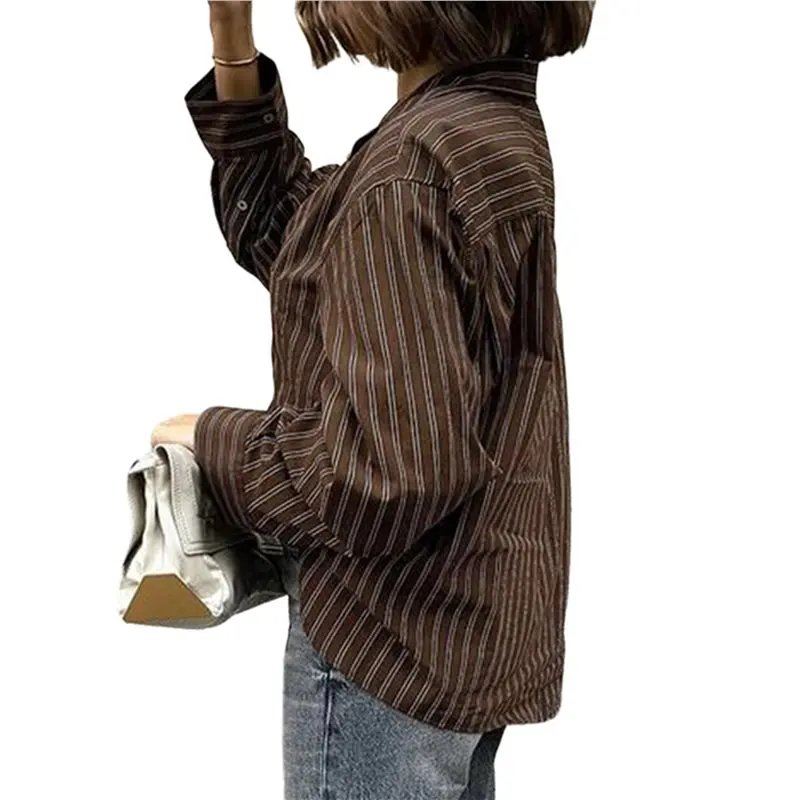 

CYL-Striped Button Down Shirts For Women Long Sleeve Collared Blouses Work Business Casual Tops