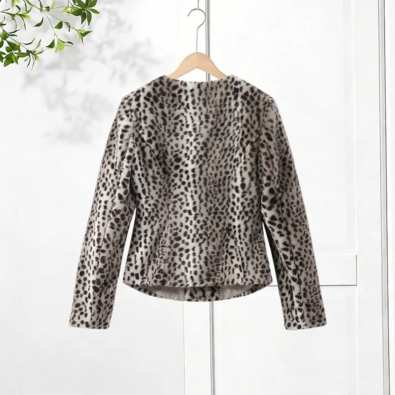 Kunstfell-Leopardenmuster Cropped-Jacke für Damen Rundhals Einreihiger Flauschiger Plüschmantel 2026 Vintage Y2K Oberbekleidung – Detail 4