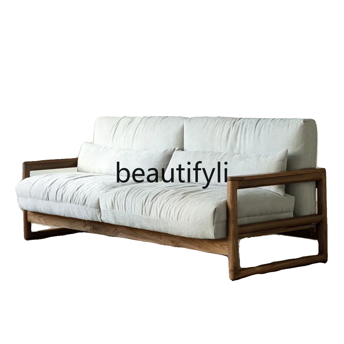 32North American black walnut sofa solid wood fabric soft bag leather three-person living room log