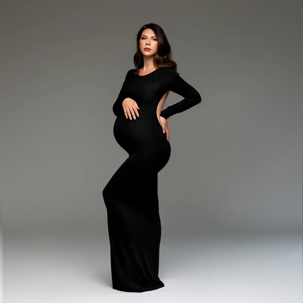 Gaun Maxi Wanita Elegan Solid Tanpa Punggung Slim Fit Elastis Gaun Fotografi Kehamilan Pemotretan Gaun Fotografi Untuk Wanita