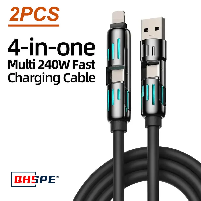 240W Fast Charging and Data Sync MFISH 4-in-1 Multi-Function USB Charging Cable USB, Type C, lightning-Max for iPhone, iPad,