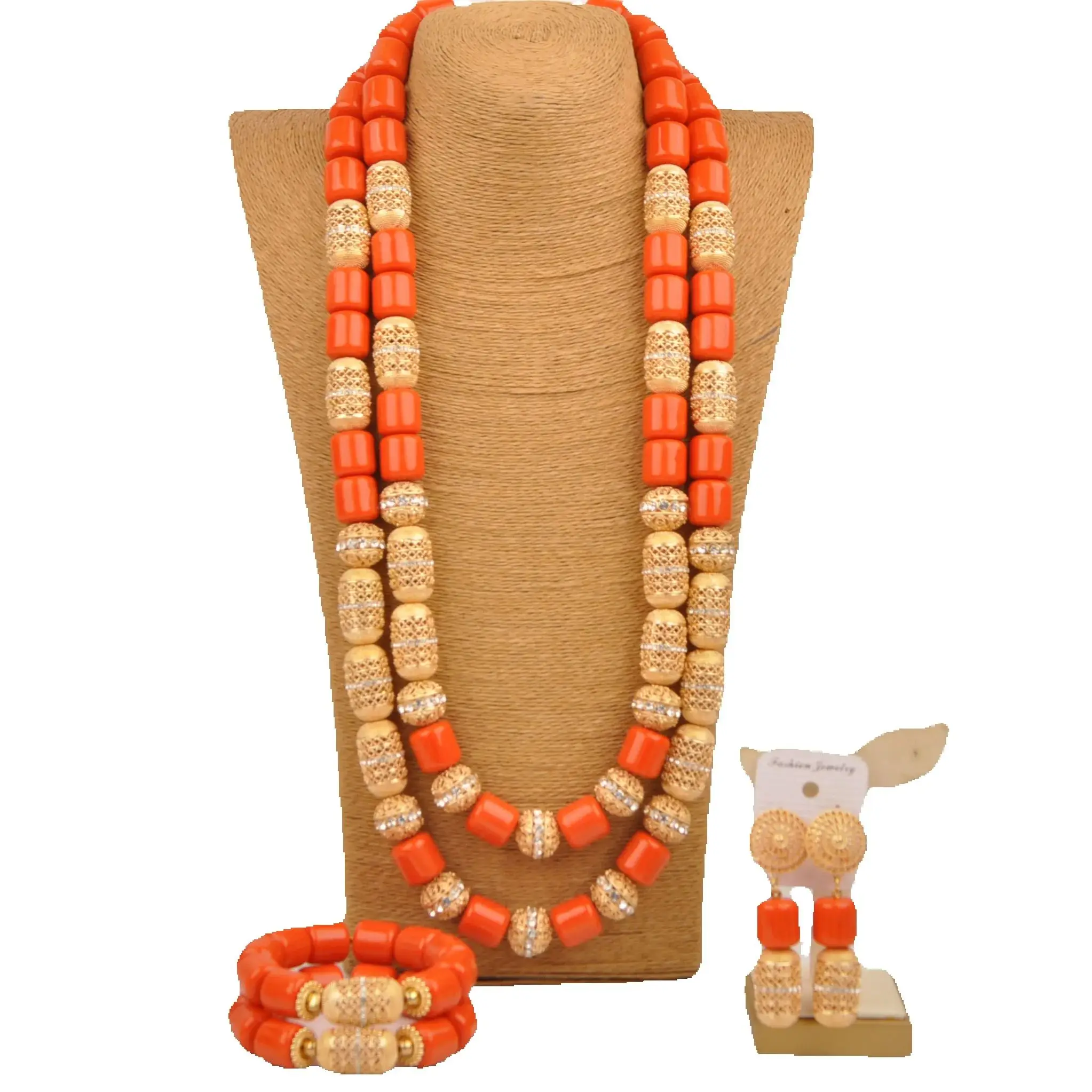 

32inch 2Layers Orange Artificial Coral Necklace Set, African Wedding Beads Bride Jewelry