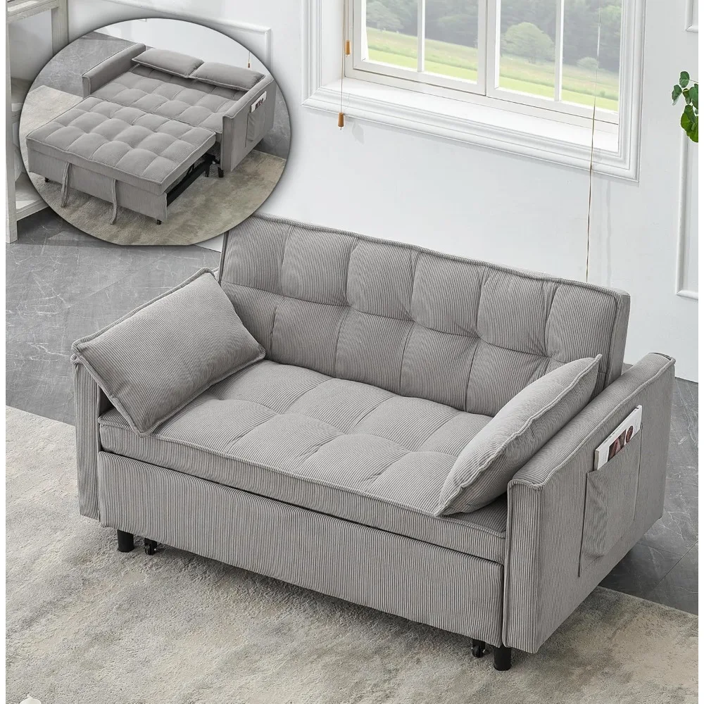 Futon Couches for Living Room with Side Pocket Adjustable Backrest Corduroy Fabric Pull Out Couch Recliner Loveseat Sectional