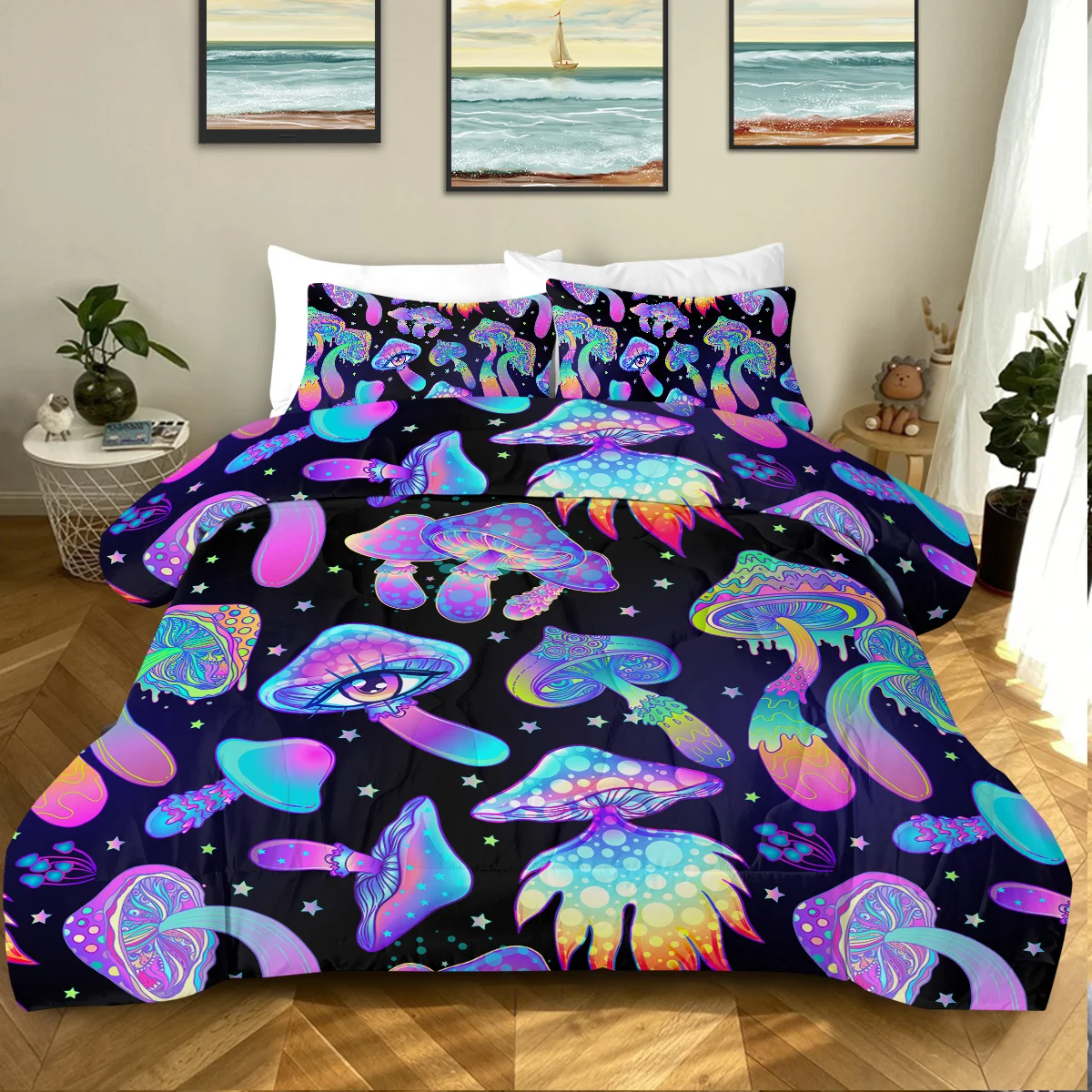 

3 Piece Colourful Poisonous Mushrooms Printed Comforter Set Comfortable Quilt Set Suitable for All Seasons Home Decor