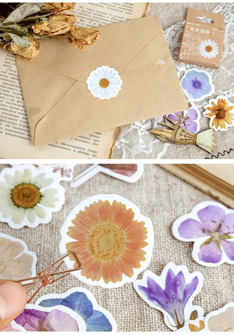 45 Pcs Fresh Flowers Sticker Set Cute Scrapbook Decoration for Kid DIY Arts Crafts Journaling Album Junk Journal
