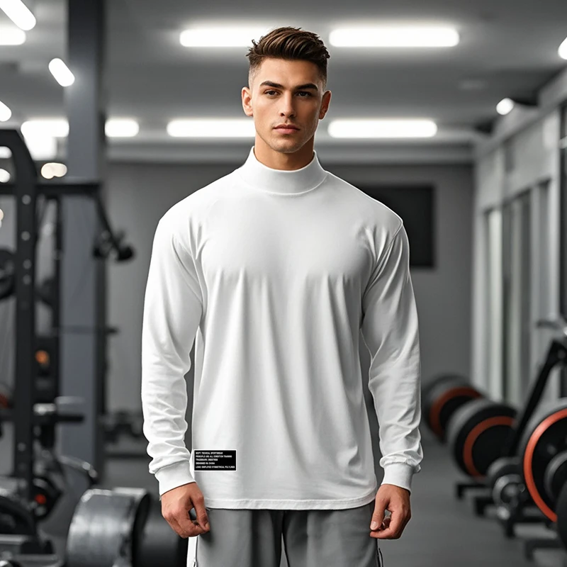 Men's Oversized Turtleneck Long Sleeve Running T-Shirts Autumn Cotton Dropped Shoulder Loose Gym Fitness T Shirts