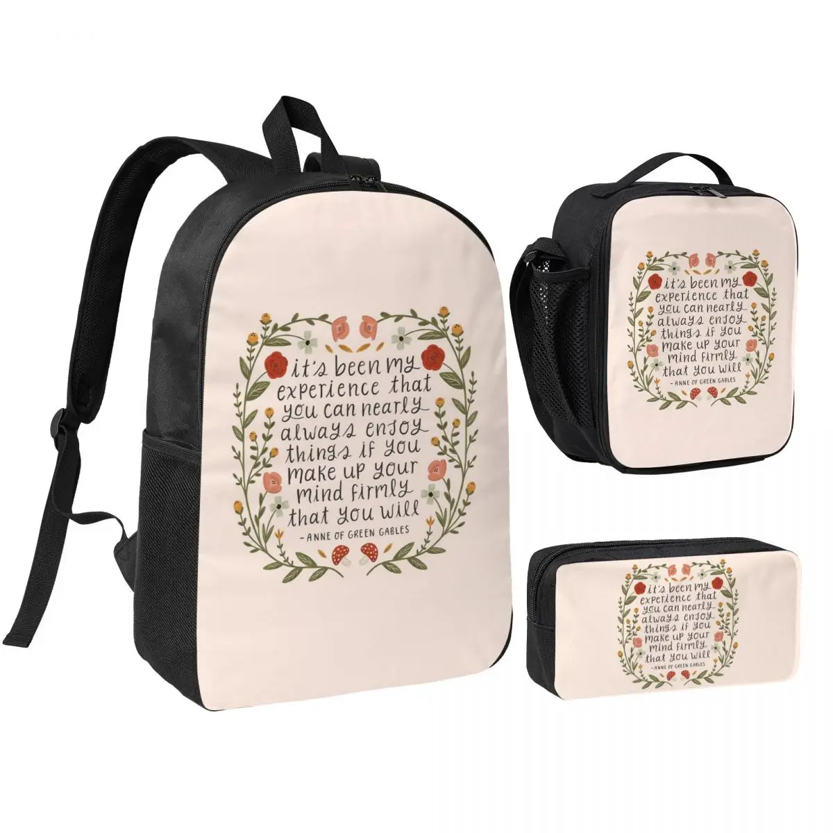 Anne Of Green Gables Enjoy Things Quote Backpack Boys Girls BookBag School Bag Shoulder Bags 3ps Insulated Lunch Bag Pencil Case