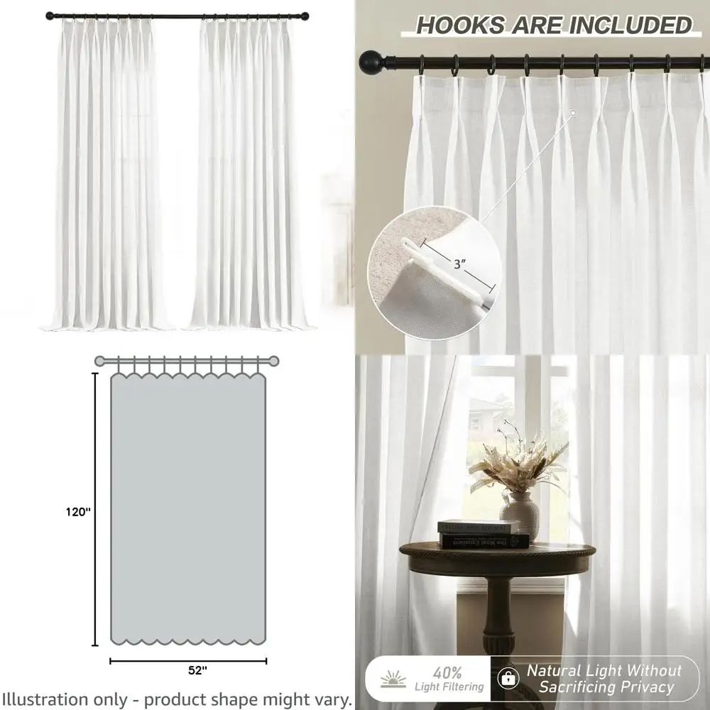 

Прозрачные плиссированные шторы 52x120 для гостиной - светопропускающие, для высоких потолков (2 этажа), с крючками (1 панель, белые)