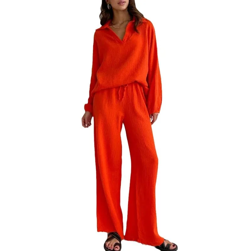 Elegante Damen Casual Lose Anzug Weibliche Lange ärmeln Top + Kordelzug Hosen Anzug Frühling und Herbst Revers Zwei-stück Anzug