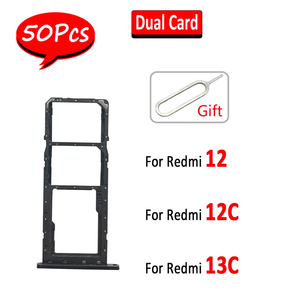 

50Pcs，NEW Tested Dual Card For Xiaomi Redmi 12 12C 13C SIM Card Holder Tray Chip Slot Drawer Holder Adapter Socket + Pin