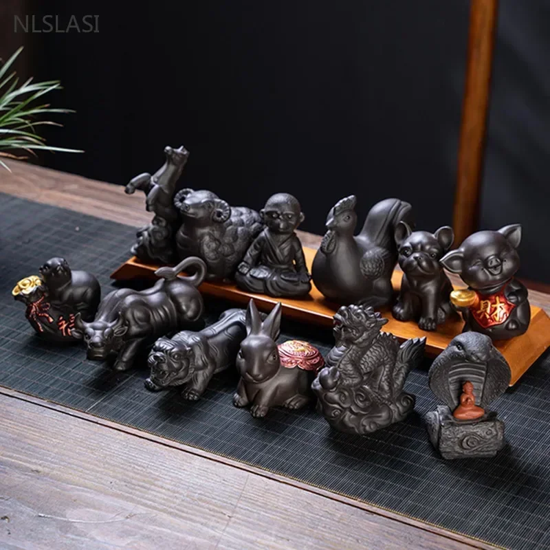 Creative Purple Sand 12 Zodiac Animal Decoration Chinese Handmade Tea Pet Lovely Feng Shui Tea Accessories Desktop Ornaments