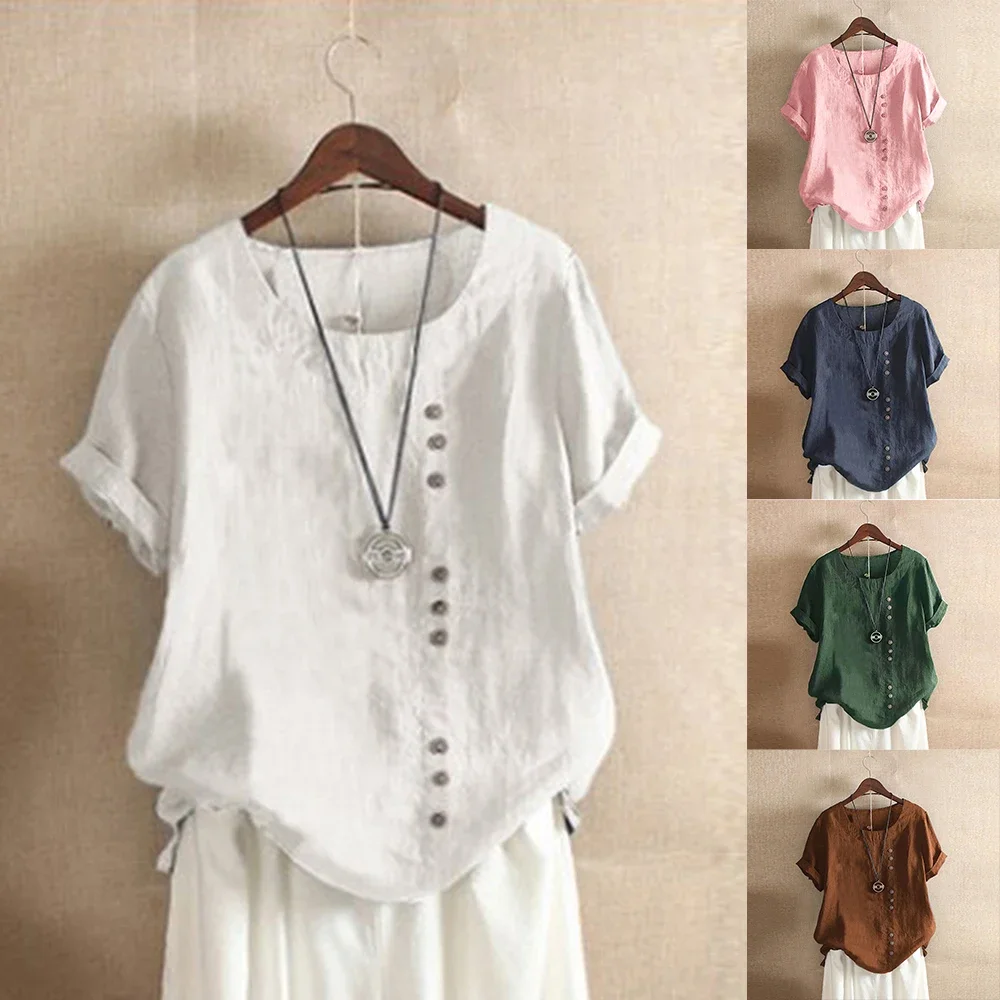 Women\'s Short Sleeve Cotton Linen Beautiful Tunic Blouse Tops Ladies Casual Basic Shirt Plus Size Clothes  L-5XL Clothing 2024