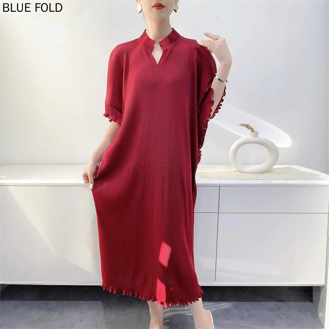 MIYAKE 2025 Spring and Summer Toothpick Pleated Dress Mid-Length Women's Loose Large Size Slimming Wood Ear Edge PLEATS Vestido