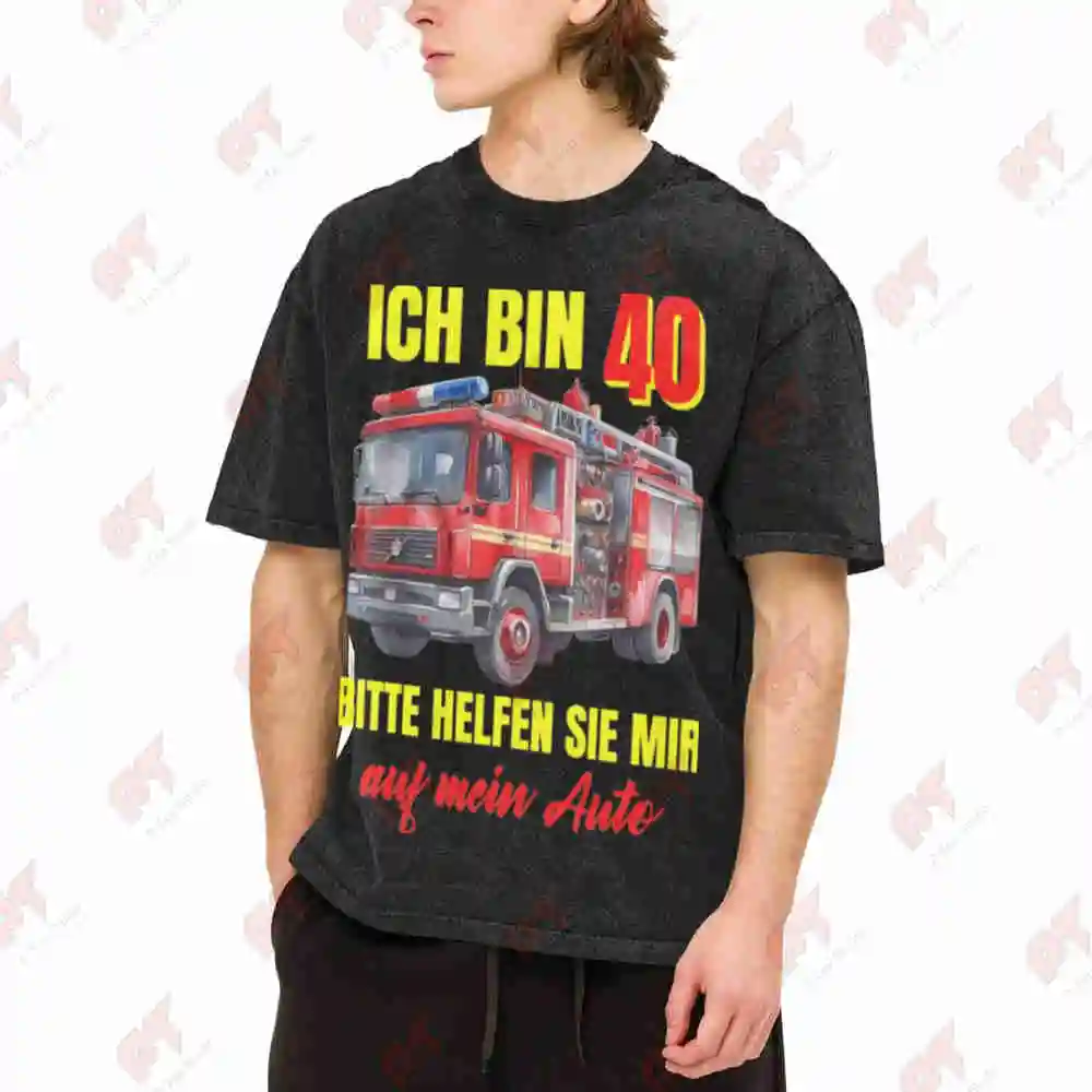 40th Birthday Fire Truck German 40 Vintage Washed Tee Pure Cotton T-Shirt