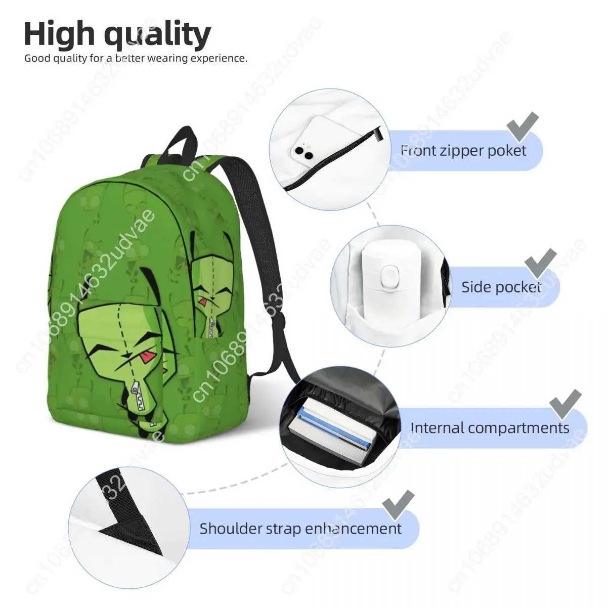 Invader Cartoon Zims Gir Dib Green Dib Robot Cool Backpack Sports High School Business Daypack for Men Women Laptop Shoulder Bag