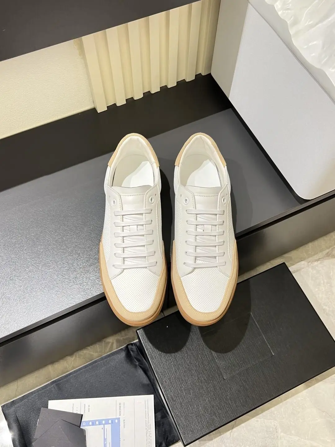 Unisex White & Beige Color Block Low Top Skate Sneakers Perforated Leather & Suede White Laces Gum Sole Casual Board Shoes