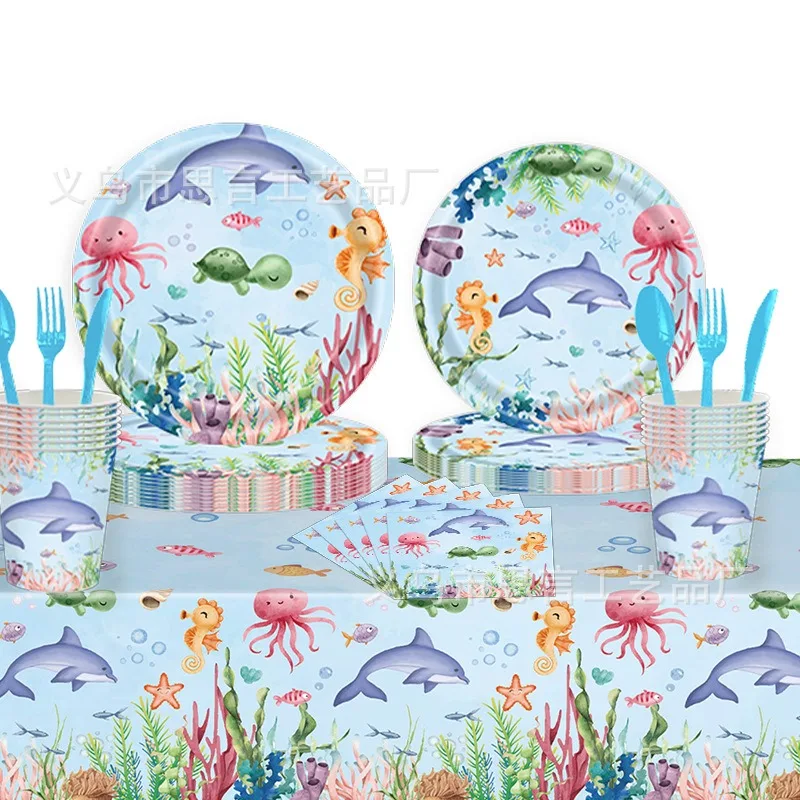 8 Guests Marine Animal Birthday Disposable Tableware Octopus Dolphin Plates Cups Napkins Sea Animal Birthday Party Supplies