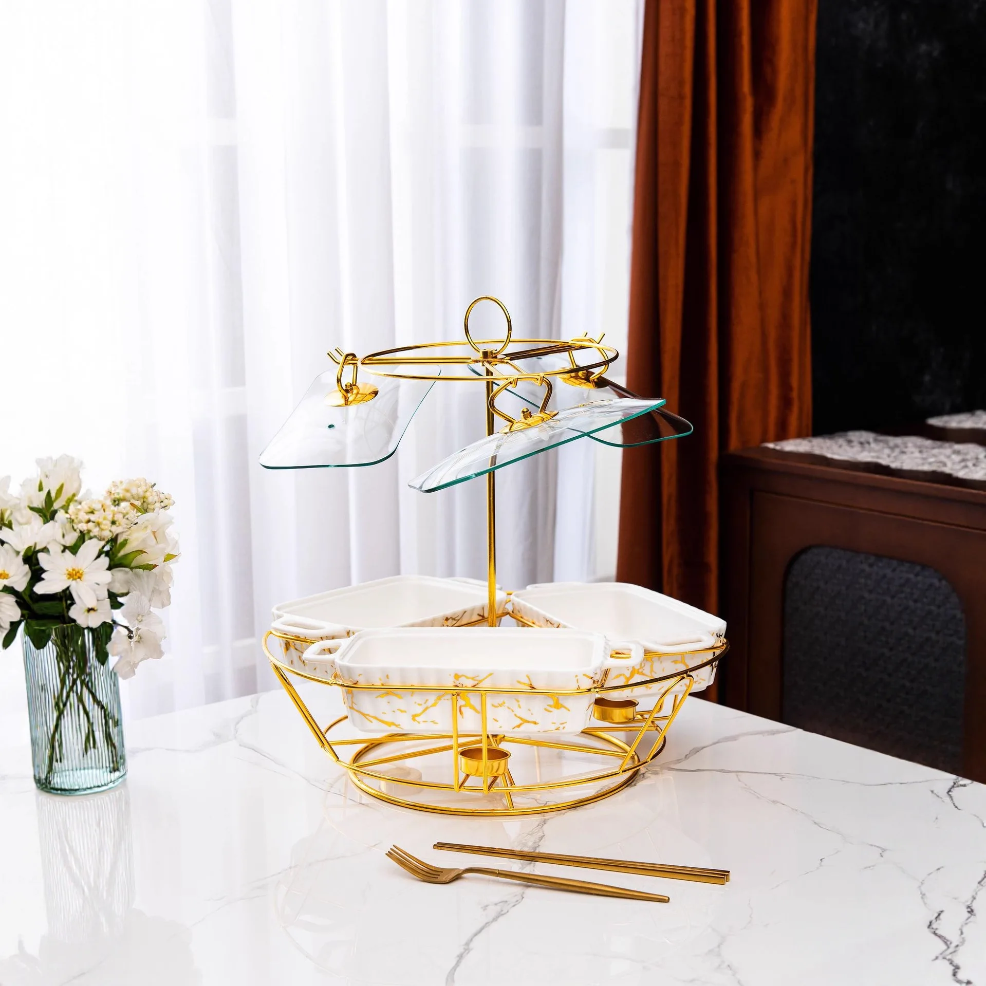 Three grid rotating ceramic baking pan marble tableware marble pattern baking pan 3pcs baking war