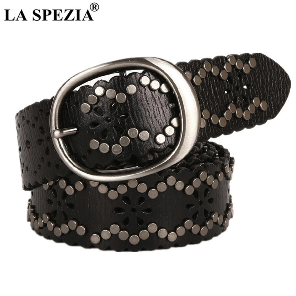 

LA SPEZIA Brand New Design Rivet Belt Punk Rock Real Leather Women Belt Fashion Buckle Black Coffee Hip Hop Ladies Waist Belts