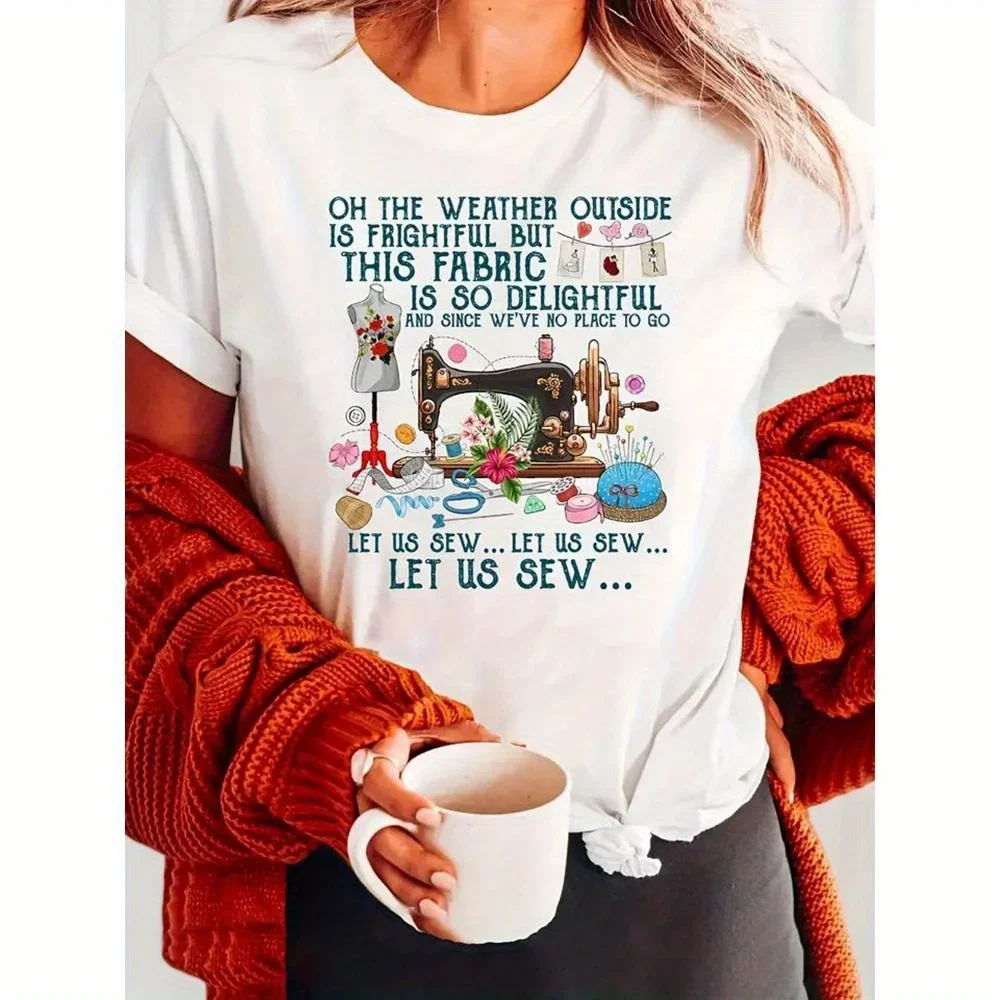 

Plus Size Women's Floral Sewing Machine Printed T-Shirt, Round Neck, Short Sleeve, Casual Daily Top, Sportswear, Leisure
