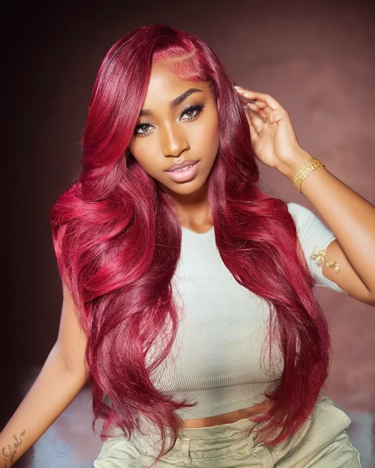 Perruque Lace Front Wig Naturelle Bouclée Rouge Bordeaux, Cheveux Humains, Body Wave, HD, 13x4, 13x6, 99j