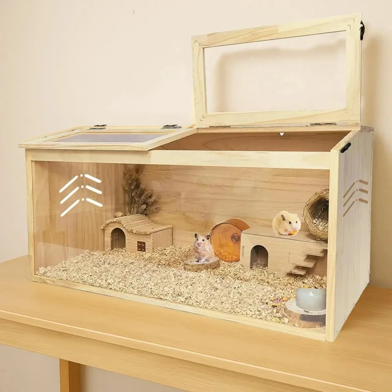 Large Wooden Hamster Cage Chewproof | Gerbil Cage Hamster Habitats Enclosure with Openable Top & Acrylic Window, Small Animal Ca