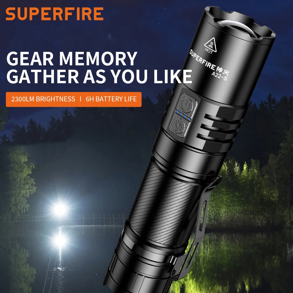 SUPERFIRE A22-S Powerful LED Flashlight 36W with Gear Memory Function Zoomable Torch USB-C Rechargeable 26650 Battery Lantern