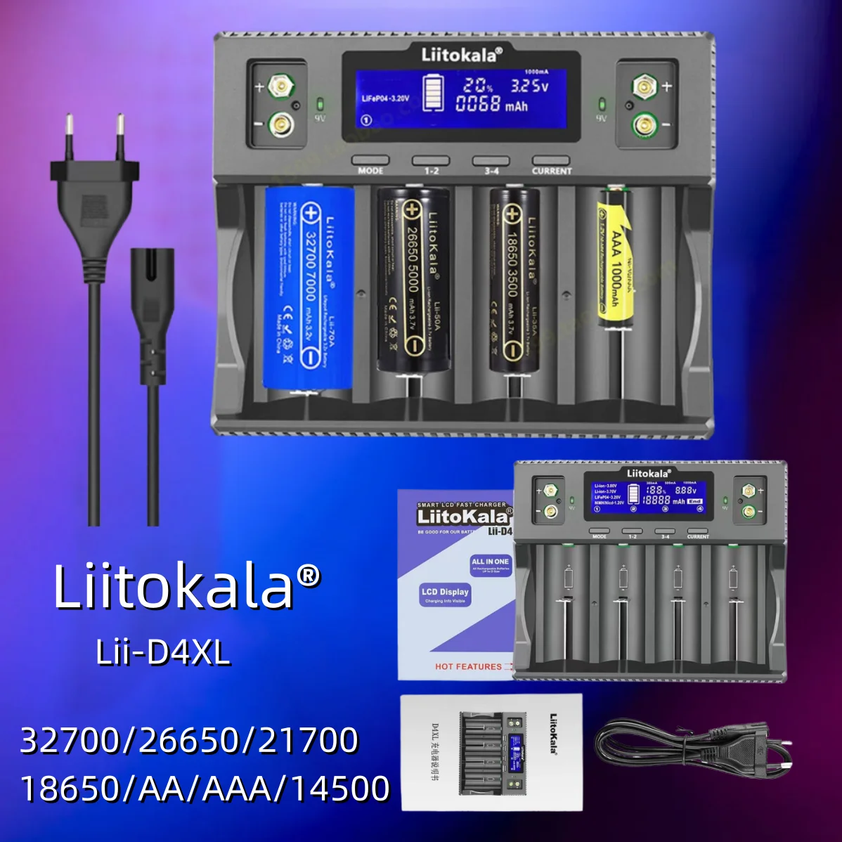 Liitokala Lii-D4XL CH2 Rechargeable Battery Charger,3.7V 18650 18350 18500 21700 26650 1.2V AAA 9V LCD Display Battery Charger