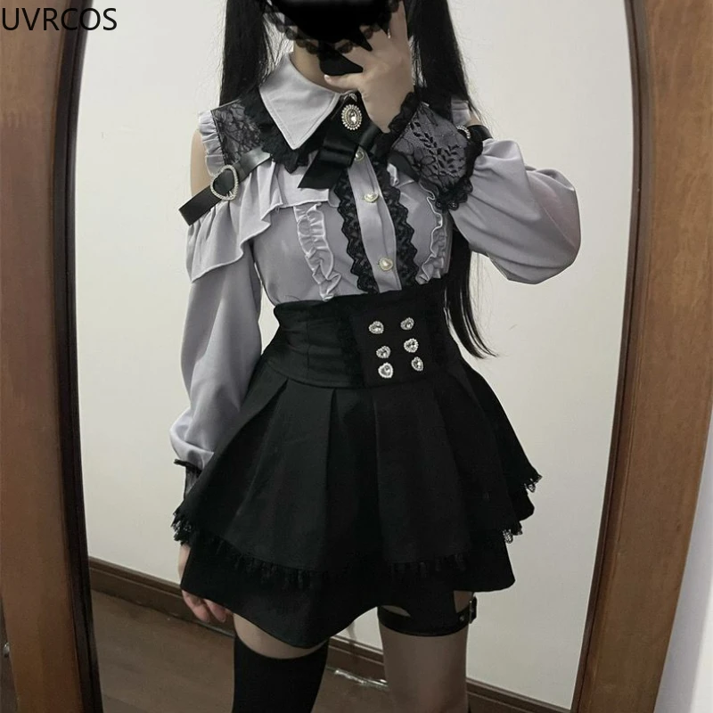 2024 Japanese Black Short Skirt Set Gothic Ruffle Mini Skirts Sexy Lace Off Shoulder Lolita Shirt Gown Faldas Y2k Aesthetic Suit