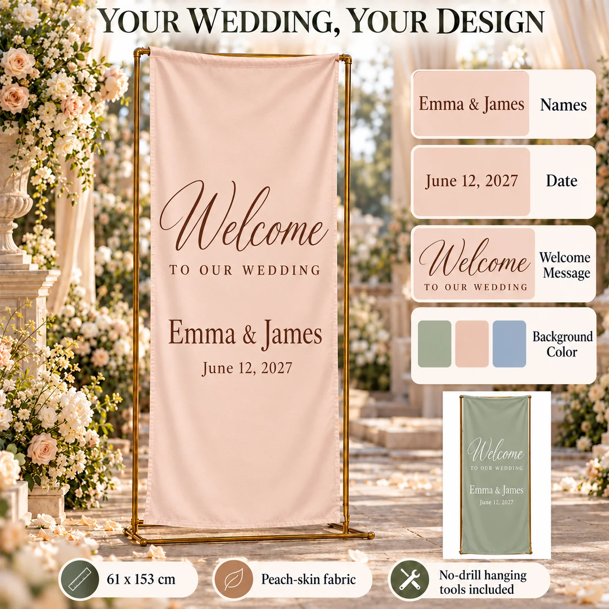 Personalized Wedding Welcome Banner 61x153cm 105g Peach Skin Fabric Custom Backdrop Hemmed Edges No Drill Hanging Tools Included