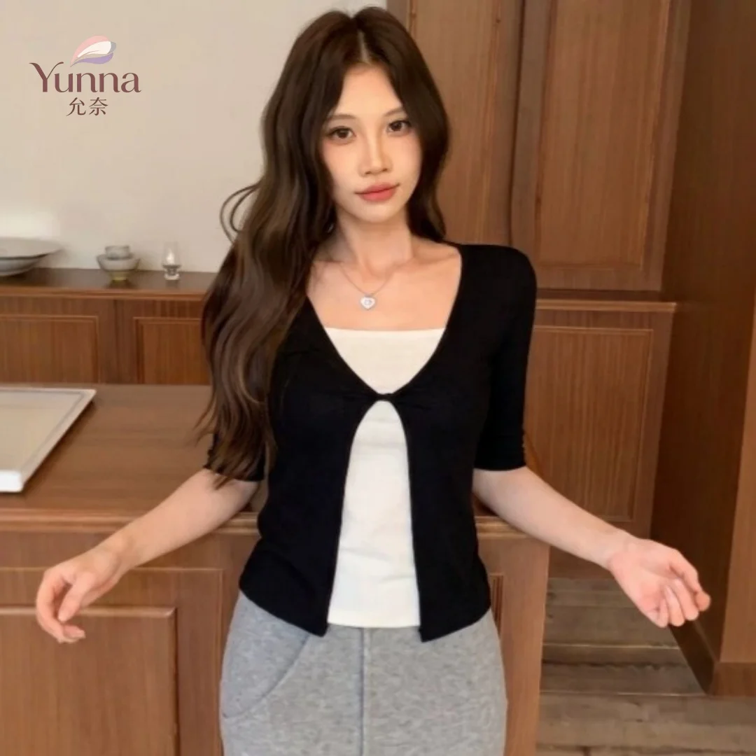 Sexy Knot Twist Fake Two-Piece Sleeve T-Shirt Women's Spring Autumn Slimming Slim Trendy Base Layer Top Women's T-shirt