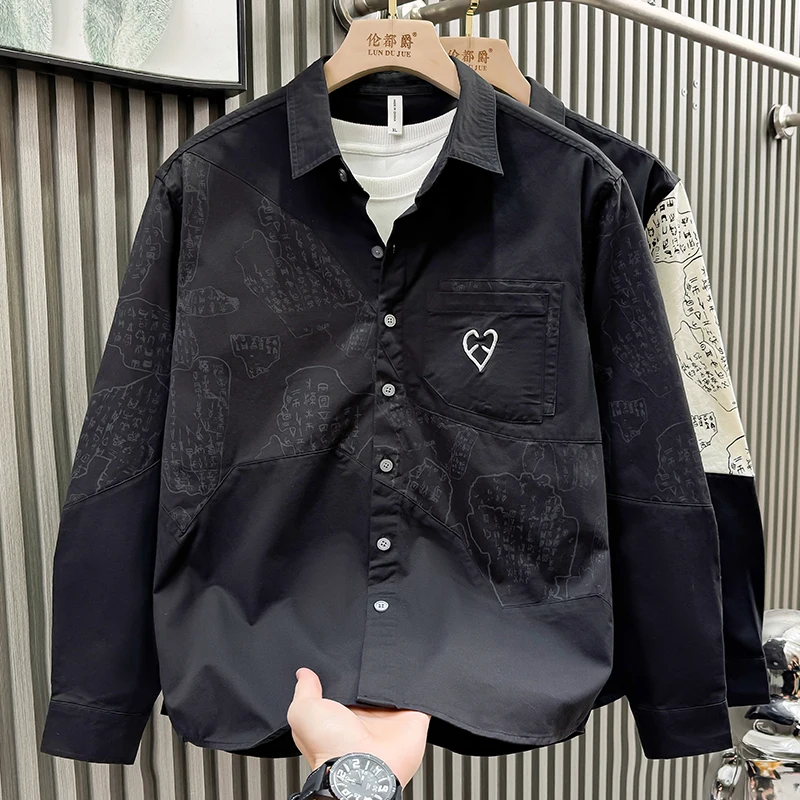 

Trendy Printed Long Sve Men's irt Casual High-End Feeling Cool Haome Spring Autumn New Arrival European Sle Polyester