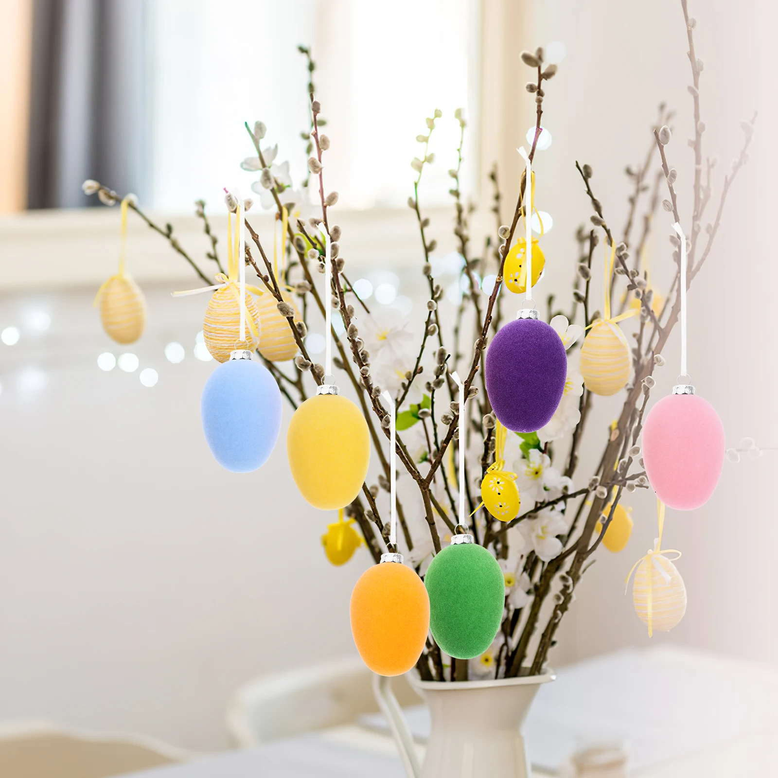 

12pcs Egg Hanging nament Easter Egg Hanging nament Flocking Decoration for Kids Party Festival Pendant Easter Scene Decor