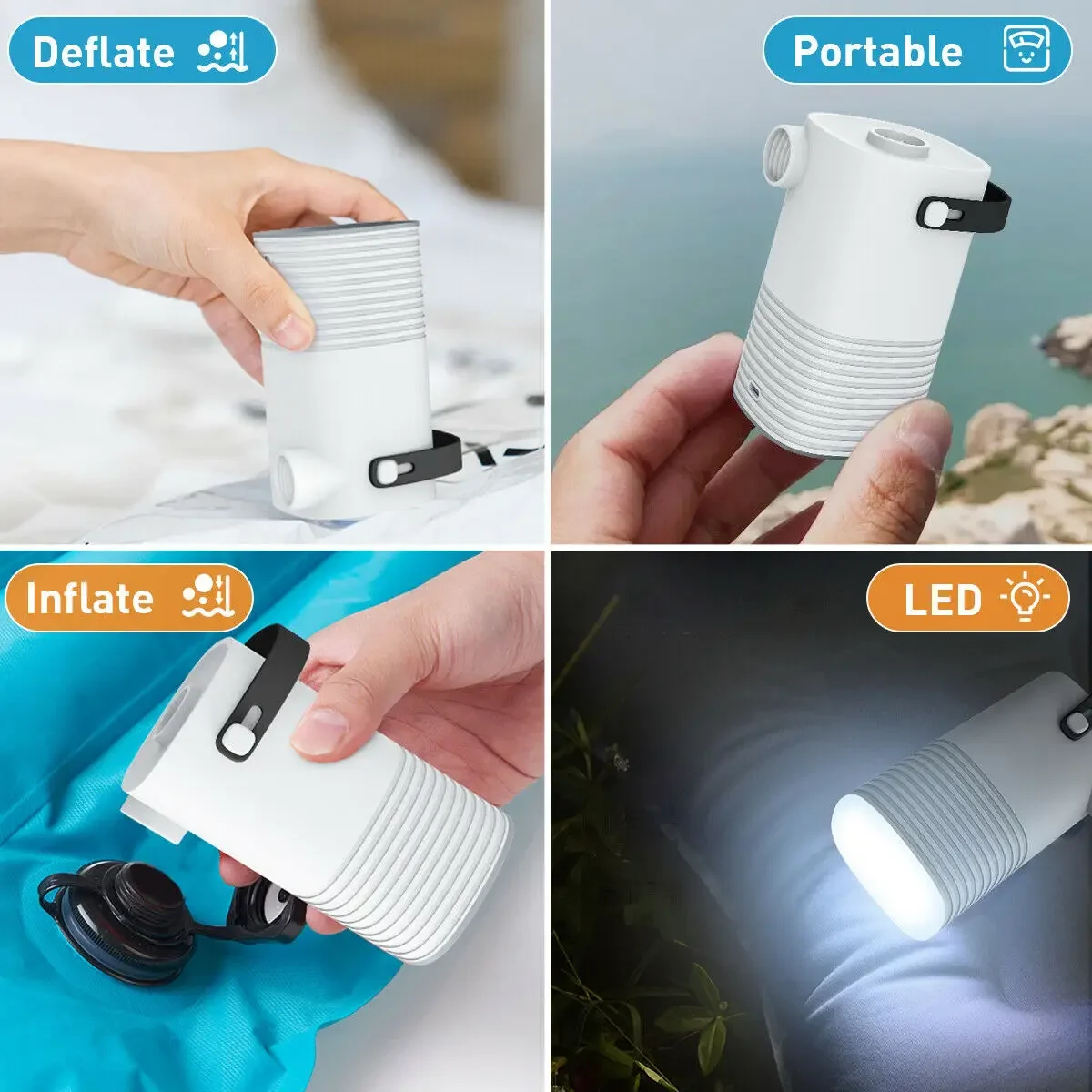 مضخة نفخ كهربائية لاسلكية محمولة ، مضخة هواء صغيرة ، USB قابلة لإعادة الشحن ، مصباح إضاءة للمنزل ، في الهواء الطلق ، التخييم ، المشي لمسافات طويلة ، 3 في 1
