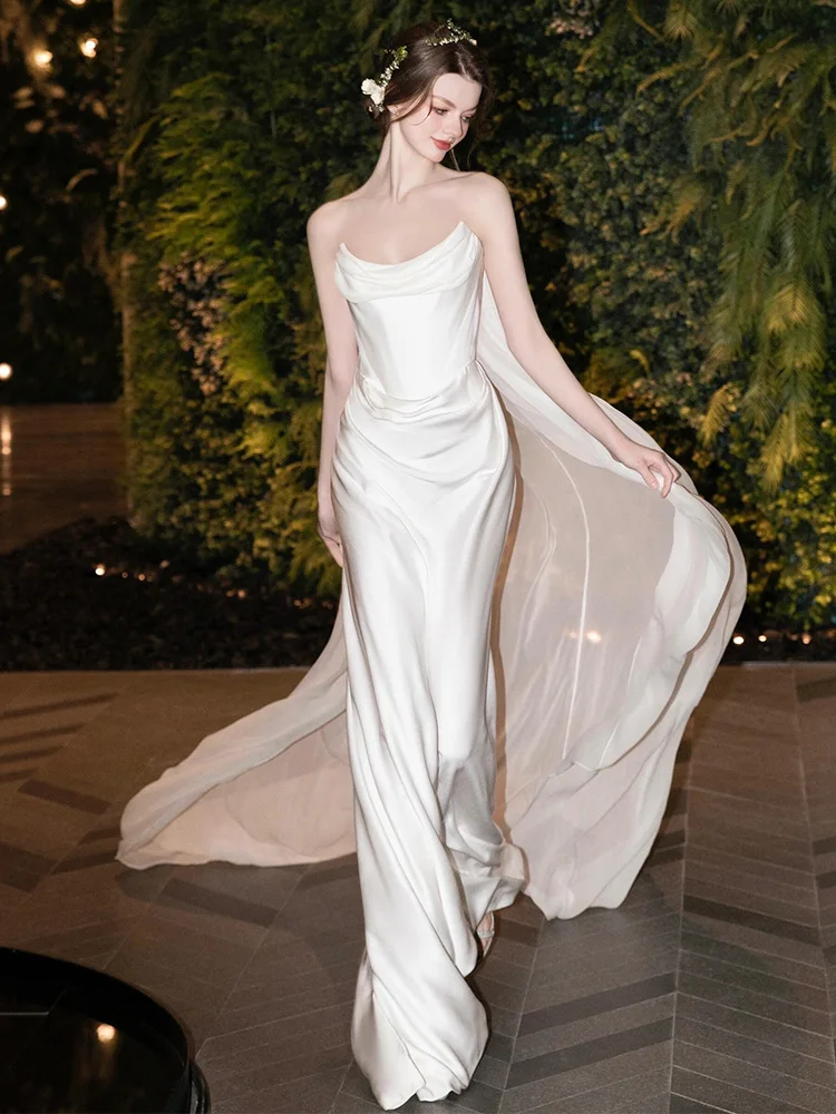 

Evening Gown Women's White Strapl Satin Tail Skirt Simple Design Birthday Adult Ceremony Princ Sle High Waist Fi Ta...