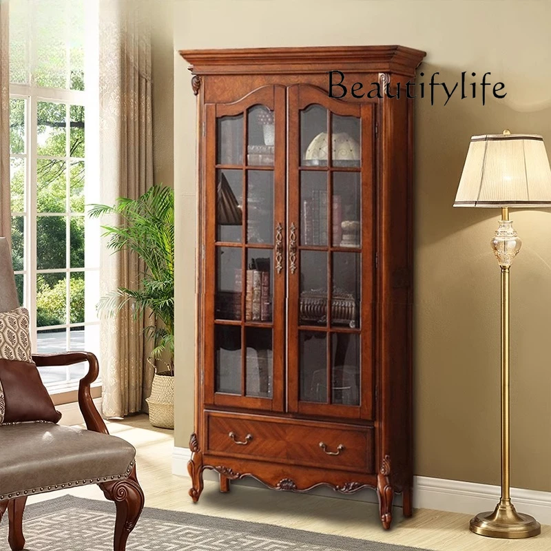 Solid wood bookcase American double door bookcase, European small apartment study floor locker 1 meter
