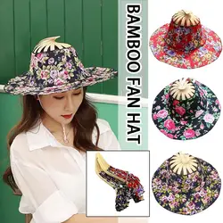 Women Bamboo Foldable Hand Fan Sun Hat Portable Chinese Style Bamboo Frame Floral Printed Hand Fan Sunhat Hat For Travel Be N3Z0