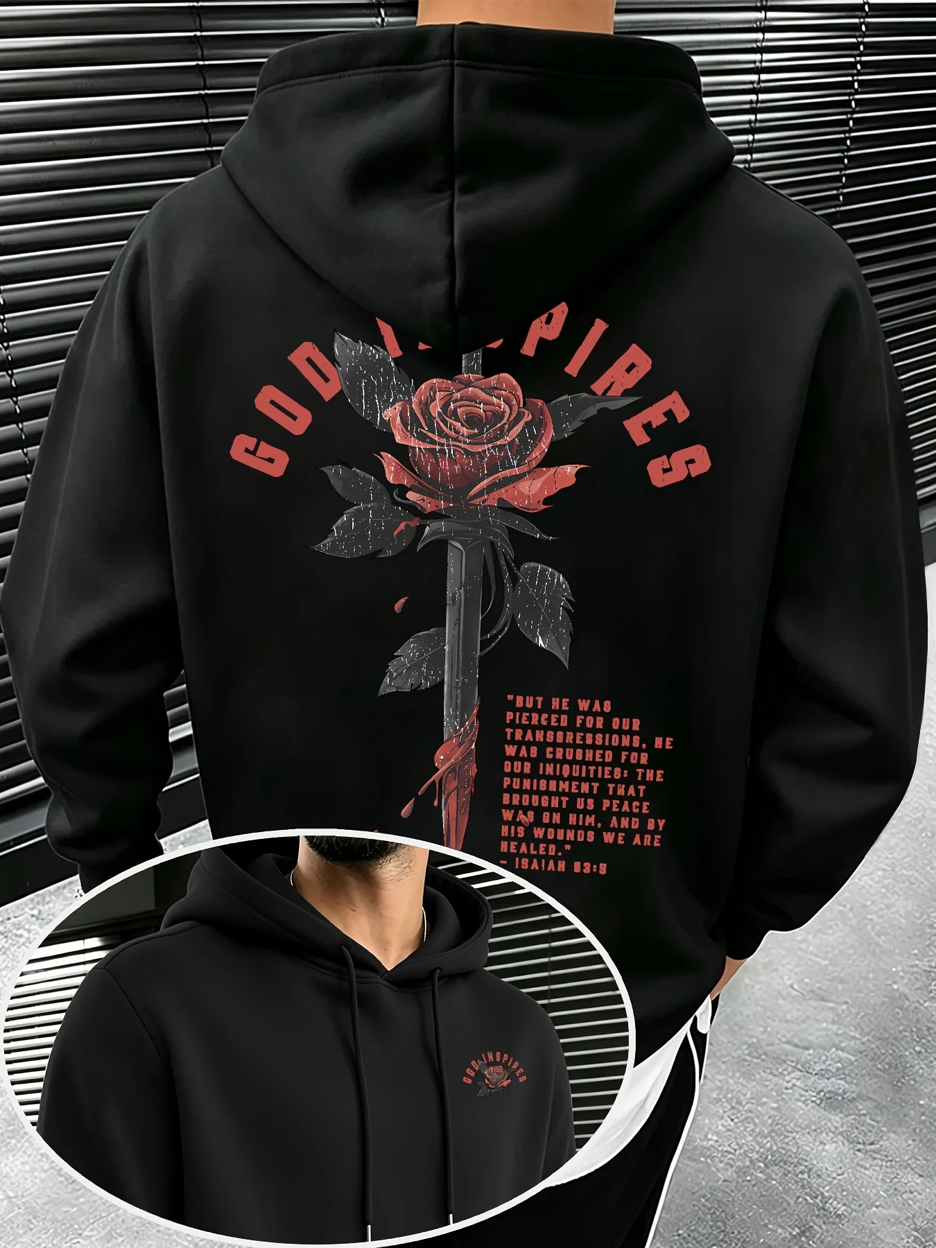 Autumn/Winter Halloween Couple Street Style Retro Rose Sword Pattern Bible Text Print Casual Hooded Sweatshirt