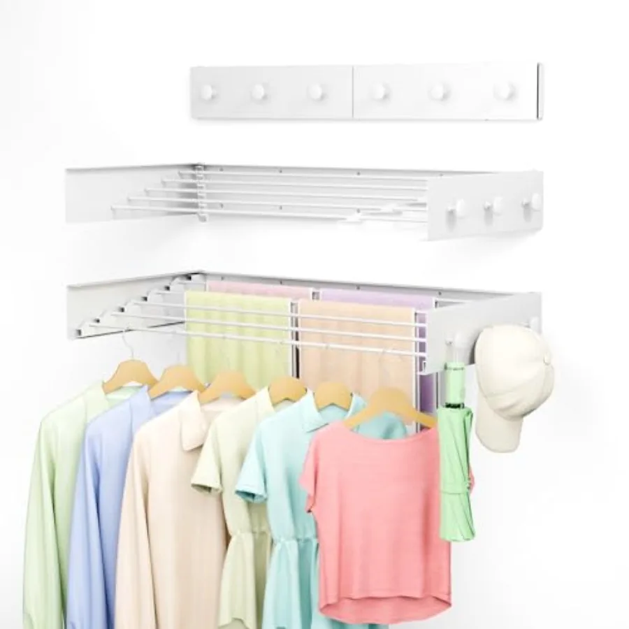 Collapsible Laundry Drying Rack Wall Mounted - 31.5 Inch Metal Clothing Drying Rack with 6 Hooks, Retractable Foldable Dry Rack