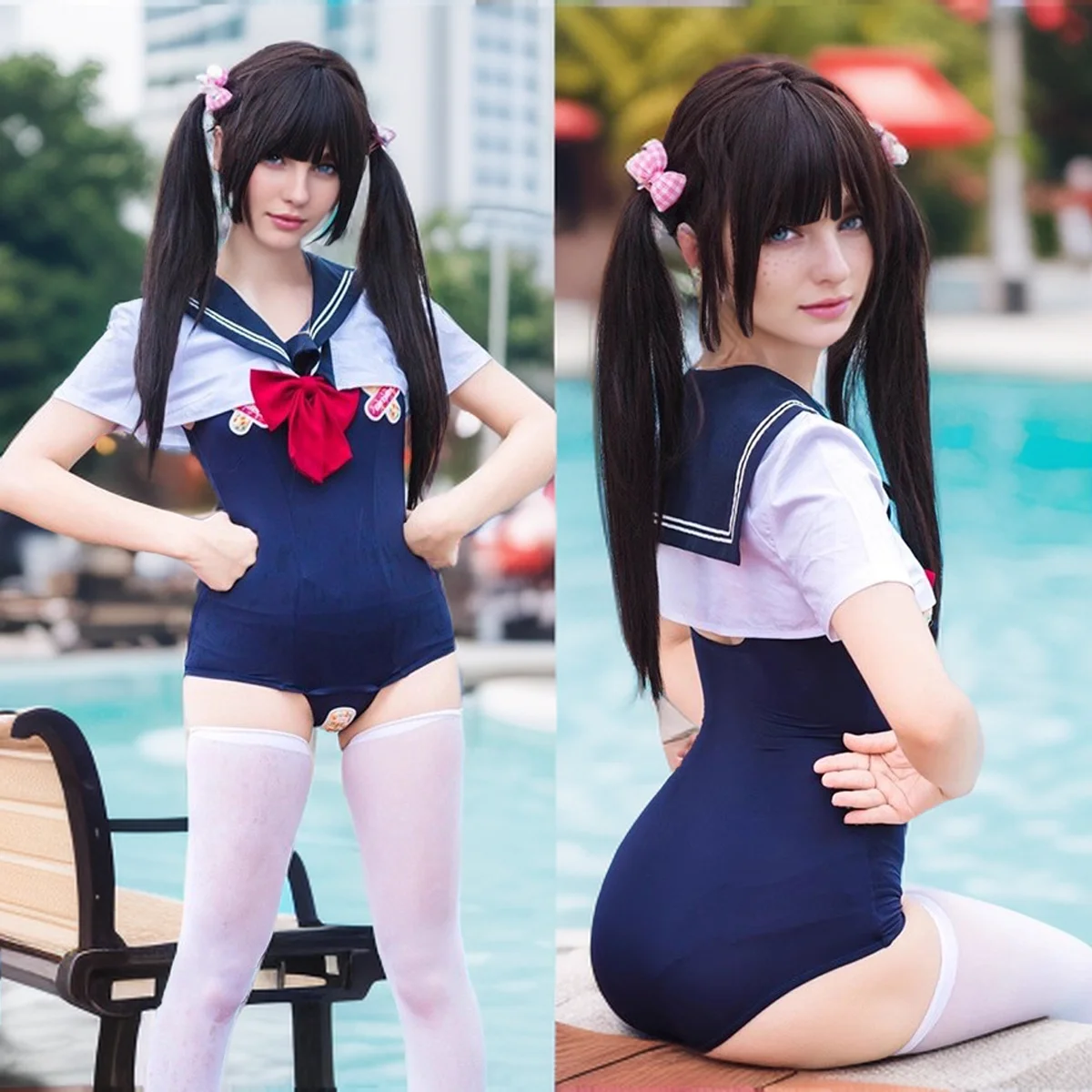 

Women Japanese Preppy Style Cute Uniform Tight Swimwear Two-piece Suit High Cut Bodysuit Leotards Beach Swimming Pool Cos Party