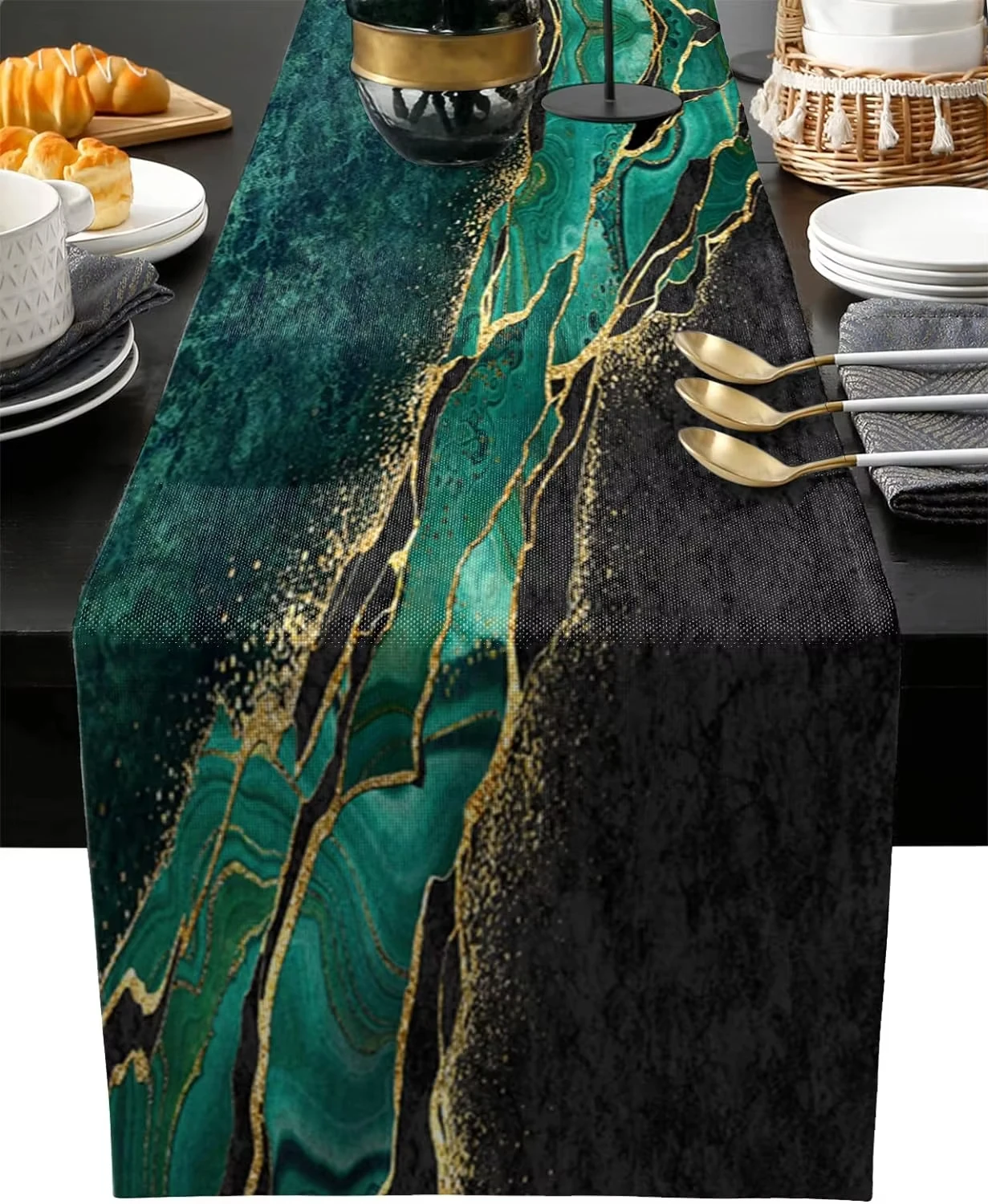Abstract Black Marble  Table flag Modern Minimalist Emerald Green Dresser Scarf for Holiday Home Party Dining Table Decor