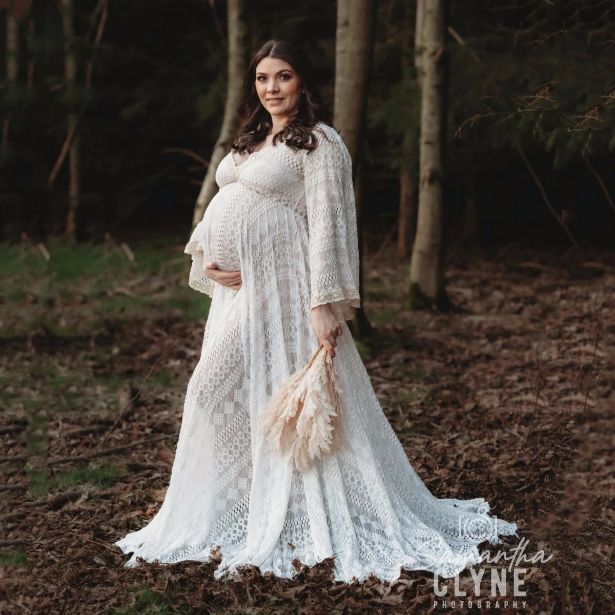 

White Embroidery Lace Boho Maternity Dress For Photo Shoot Bohemian Lace Pregnant Woman Dress For Photography Props