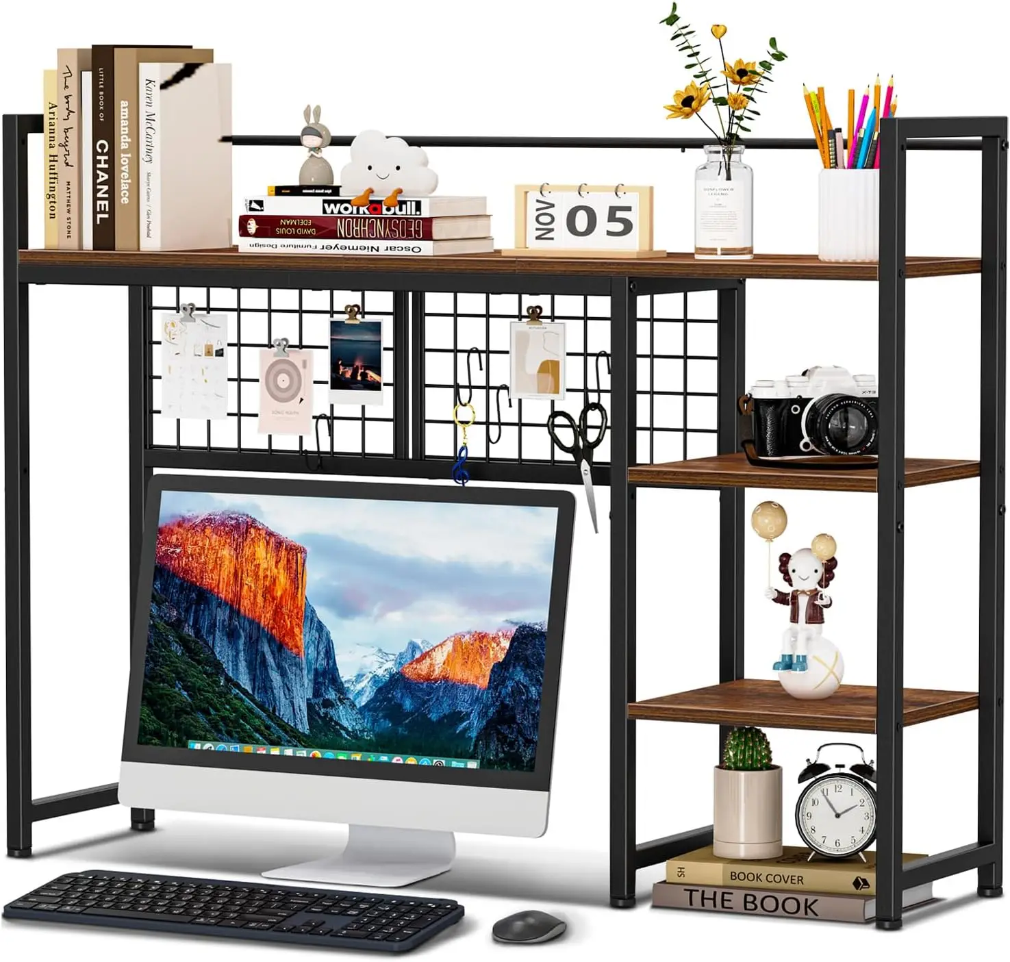 

38.6" Desktop Organizer Shelf with Pegboard Hooks, 4-Tier Wood Desk Hutch for Monitor and Office Storage