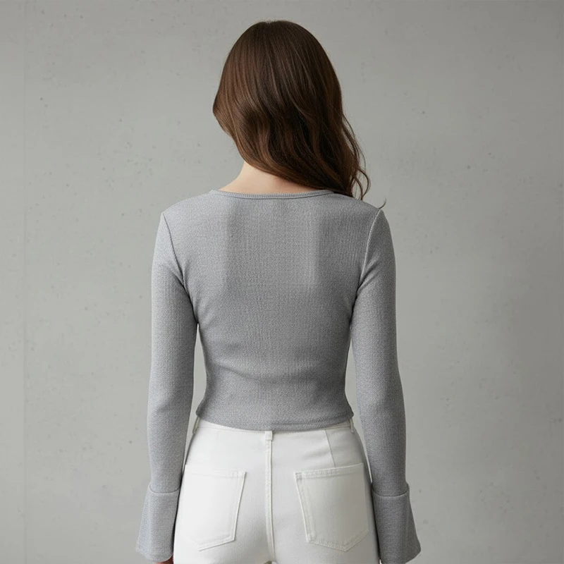 Early Autumn New Women's Deep V-neck Lace Up Knit Sweater Slim Fit And Slimming Atmosphere Long Sleeved Short Base Shirt