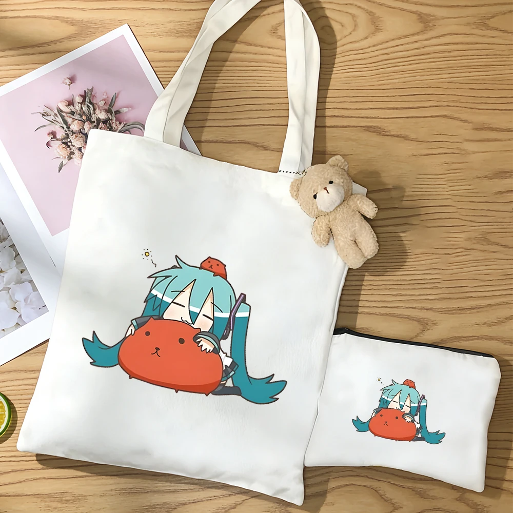 

3pcs/set kawaii Hatsune Miku canvas bag Anime figure Printing reuse shopping bag Simple Versatile storage bag gift