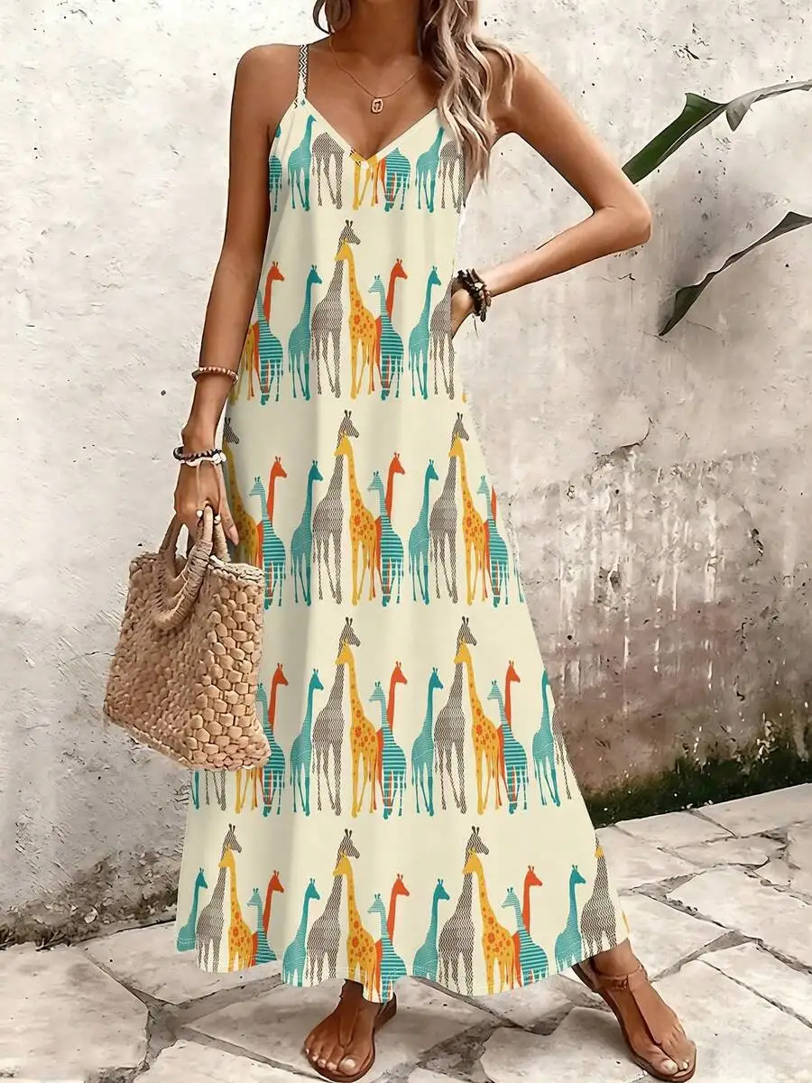 

Womens Sleeveless Long Slip Dress With Giraffe Print Casual Beach Holiday Maxi Dress