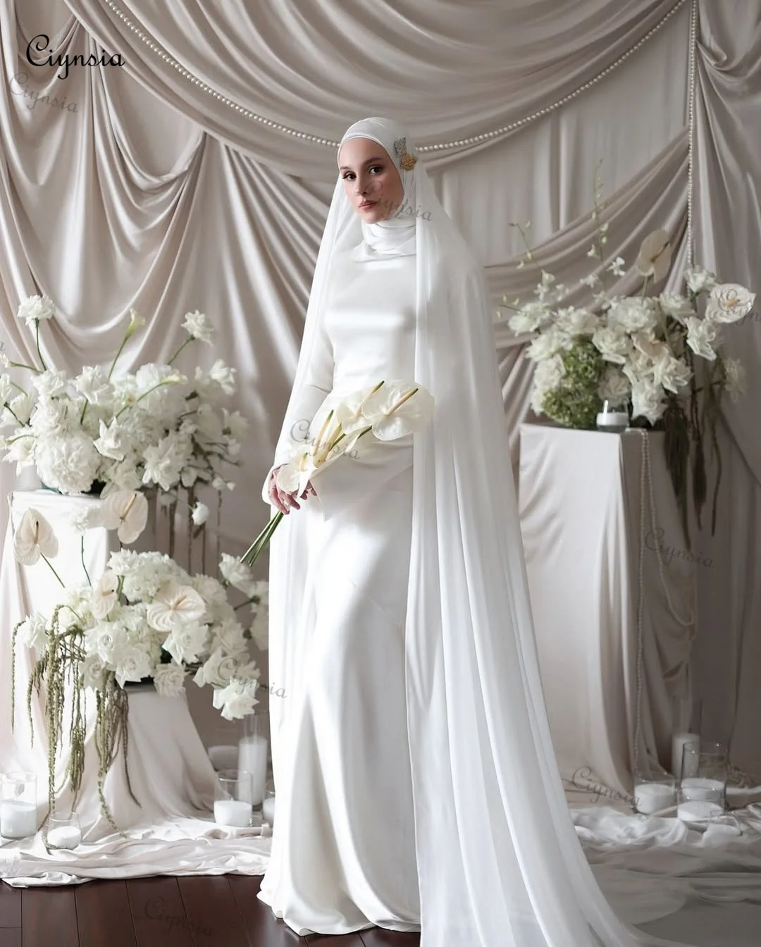 Ciynsia Customized Arabic Muslim Wedding Dresses For Bride Hijab Bridal Gowns with Long Chiffon Veils Robe De Mariée 2025 New