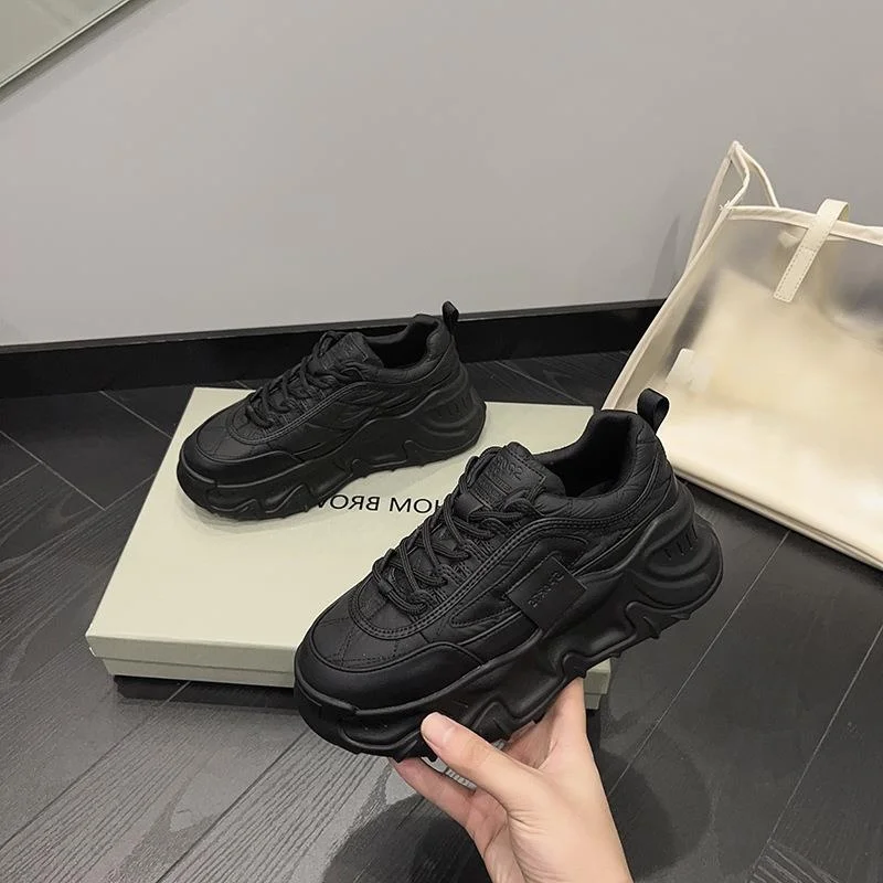 

Women's Sport Running Dance Shoes Thick Bottom Leather Casual round Toe Flat Heel Rubber Outsole Pure Color Korean Style